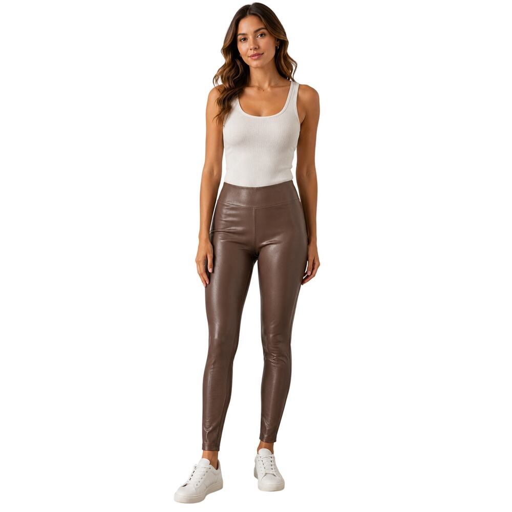 Zenana sz L faux leather neutral camel pull on leggings pants super stretch #